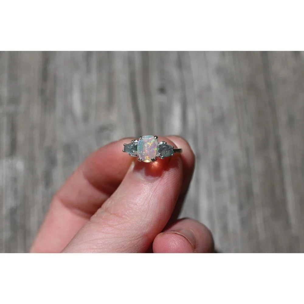 Sterling Silver Opal & Montana Sapphire Ring - Size 5